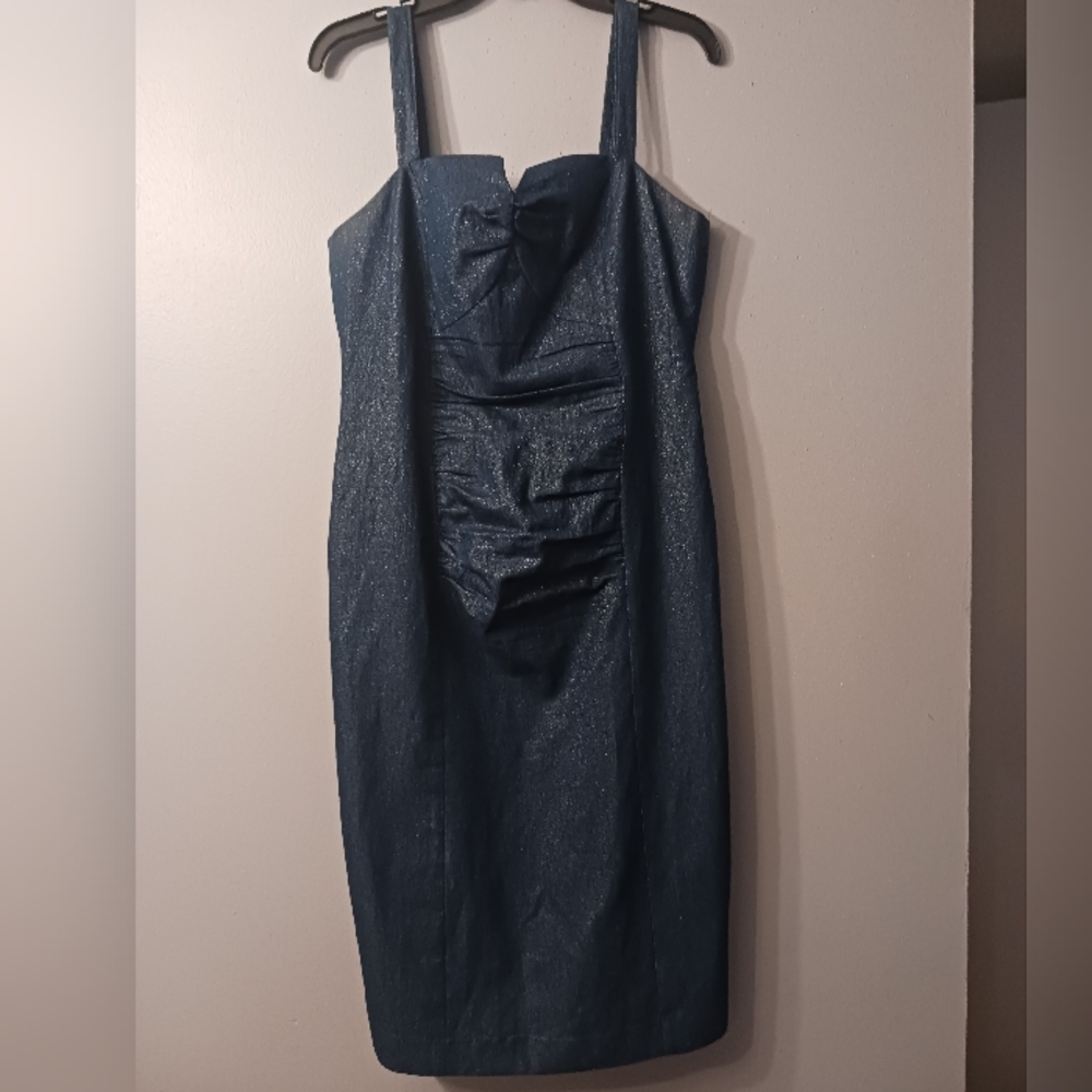 Final $8 Ashro"Denim Sparkle Pullover Dress W/ Rouching. Sz. 10 Dark Navy Denim.